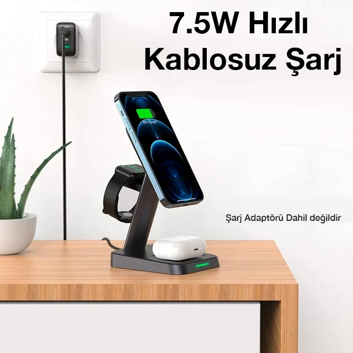 3‗1 Manyetik Katlanabilir Kablosuz Şarj Standı 15W - iPhone iWatch AirPods Aynı Anda Hızlı Şarj
