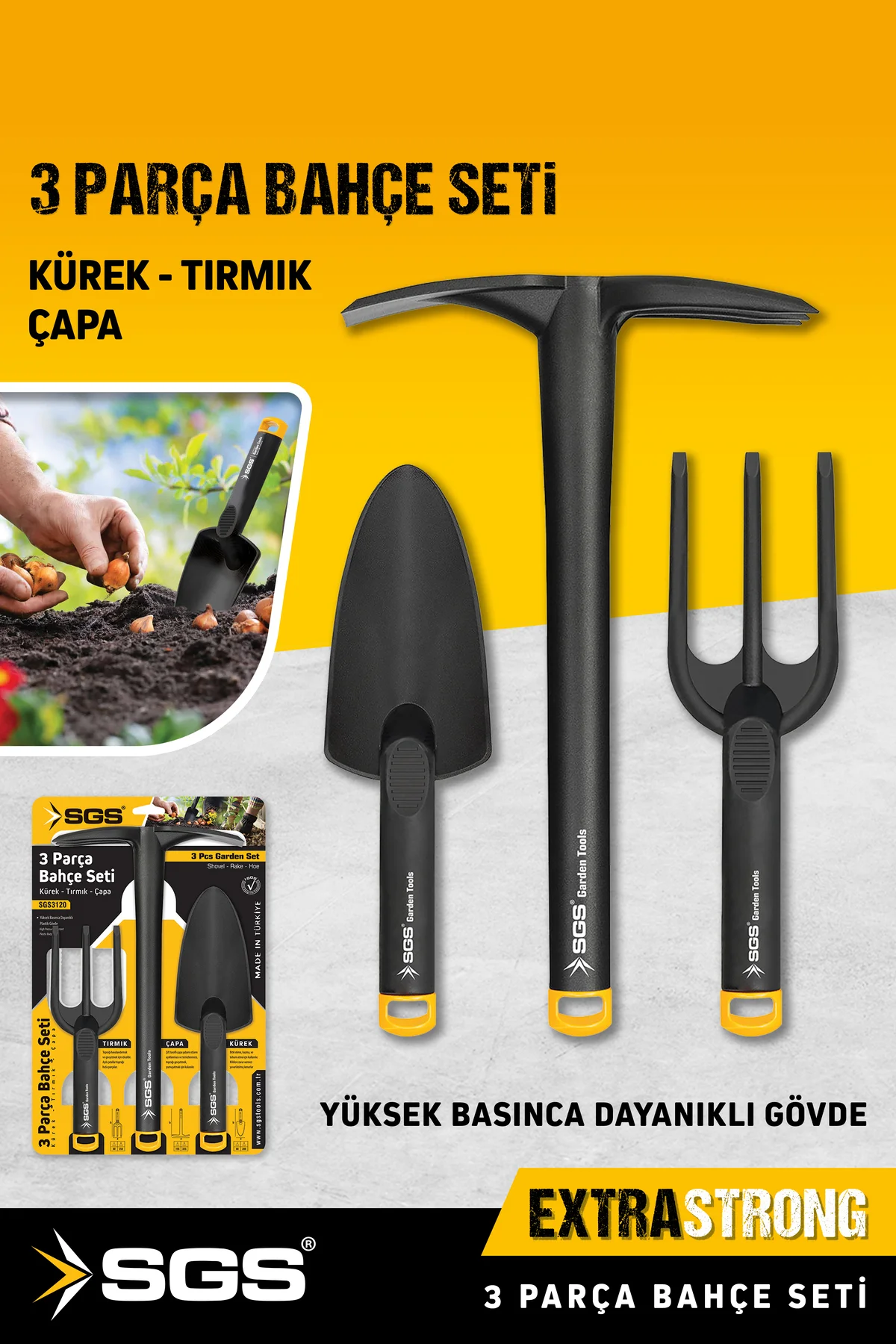 3120 Hobi 3'lü Mini Bahçe Seti Plastik Çapa Tırmık Kürek Saksı Çiçek Ekim Bakım Seti