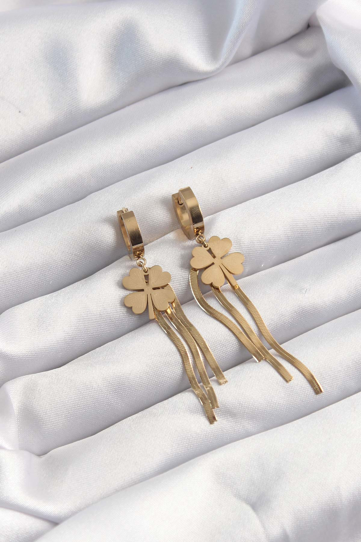 Stillove 316L Çelik Altın Renk İtalyan Zincirli Yonca Model Halka Küpe Sl8