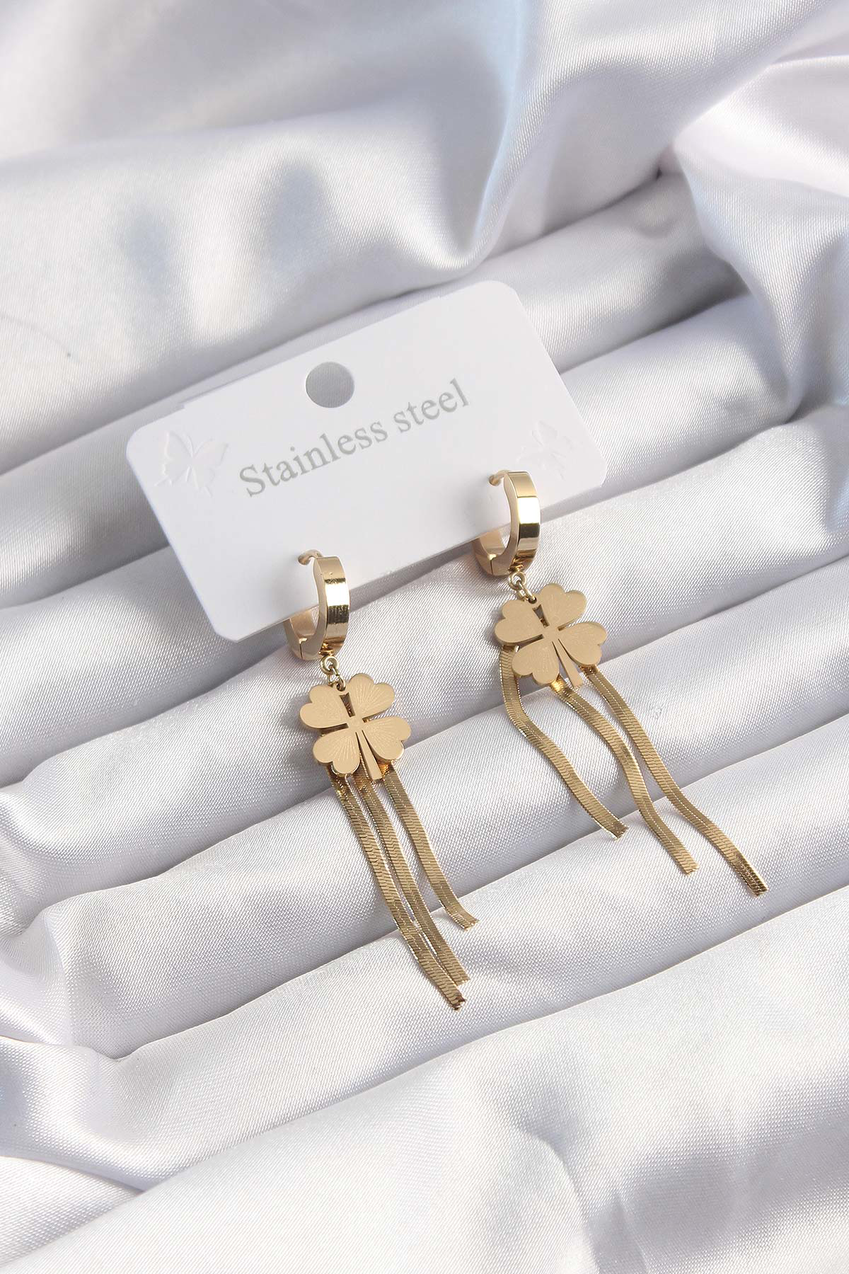 Stillove 316L Çelik Altın Renk İtalyan Zincirli Yonca Model Halka Küpe Sl8