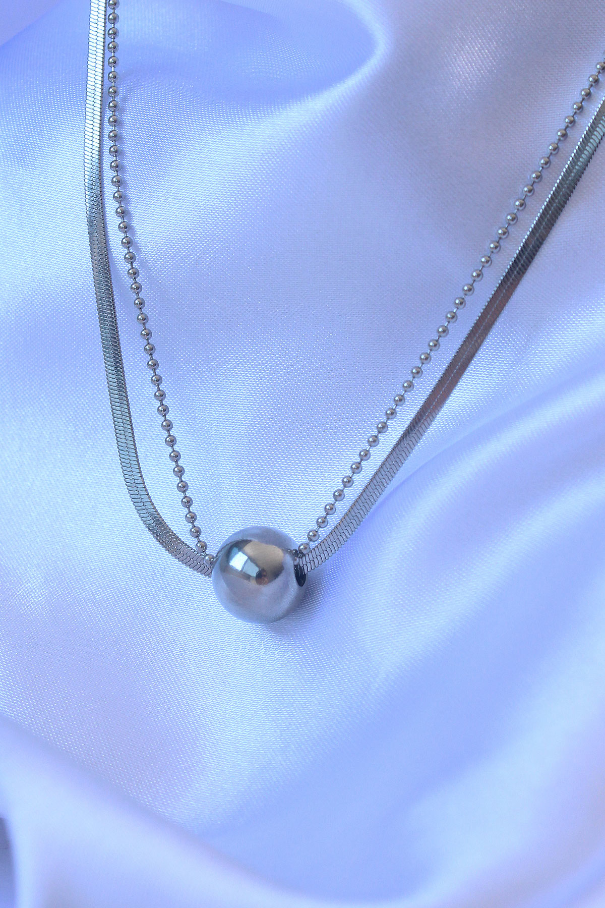 Stillove 316L Çelik Çift Zincirli Gümüş Renk Topçuk İtalyan Model Kolye Sl