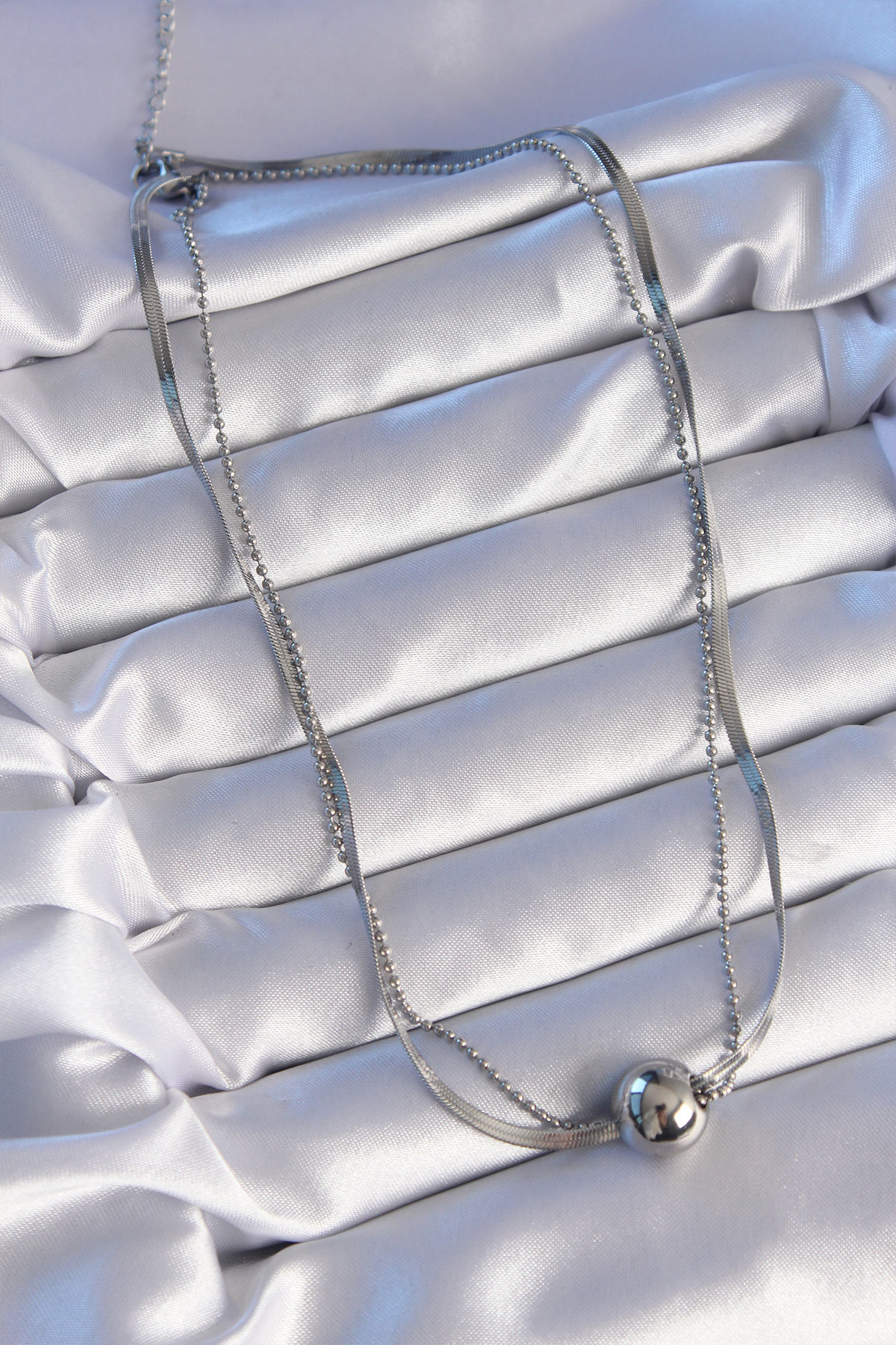 Stillove 316L Çelik Çift Zincirli Gümüş Renk Topçuk İtalyan Model Kolye Sl