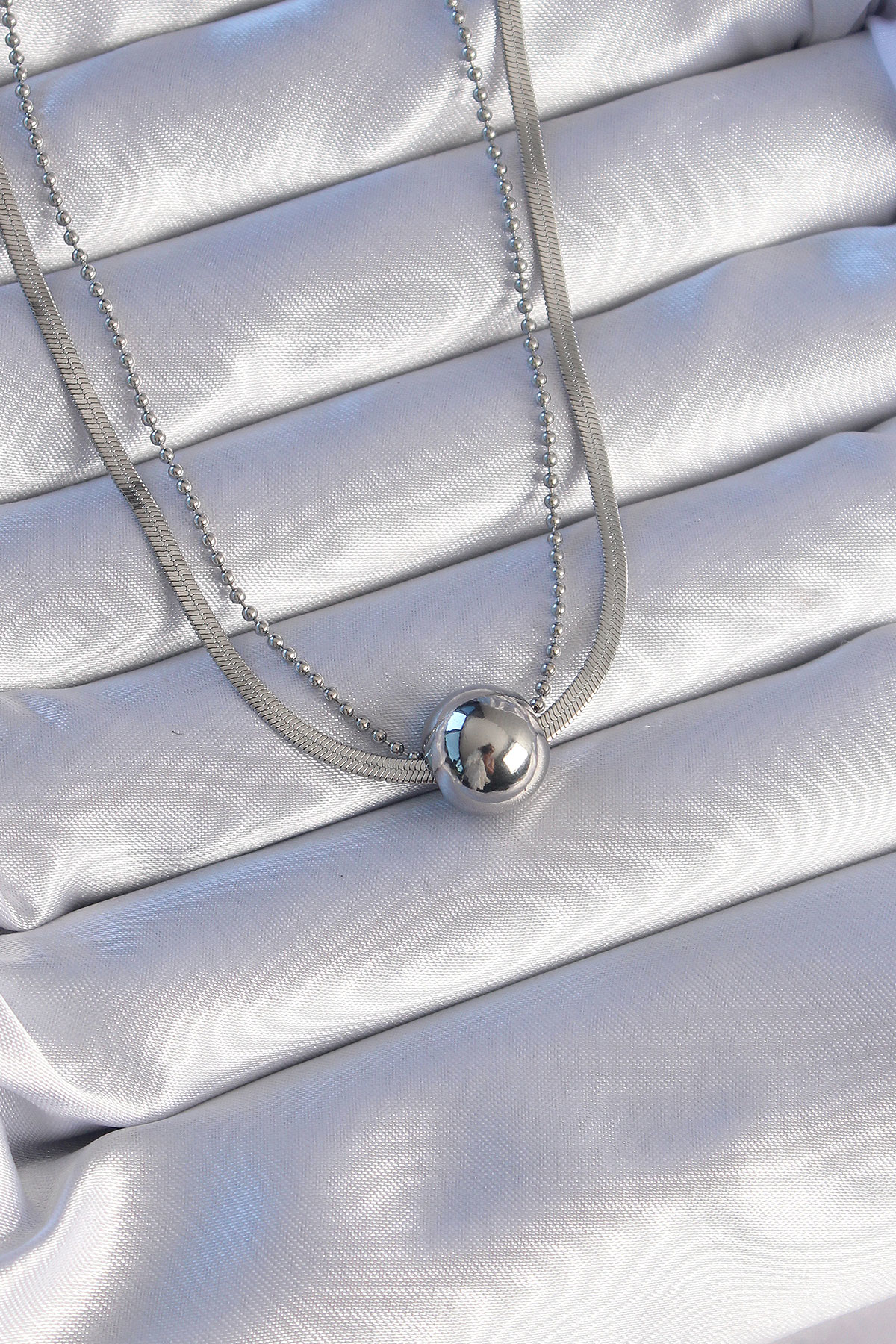 Stillove 316L Çelik Çift Zincirli Gümüş Renk Topçuk İtalyan Model Kolye Sl