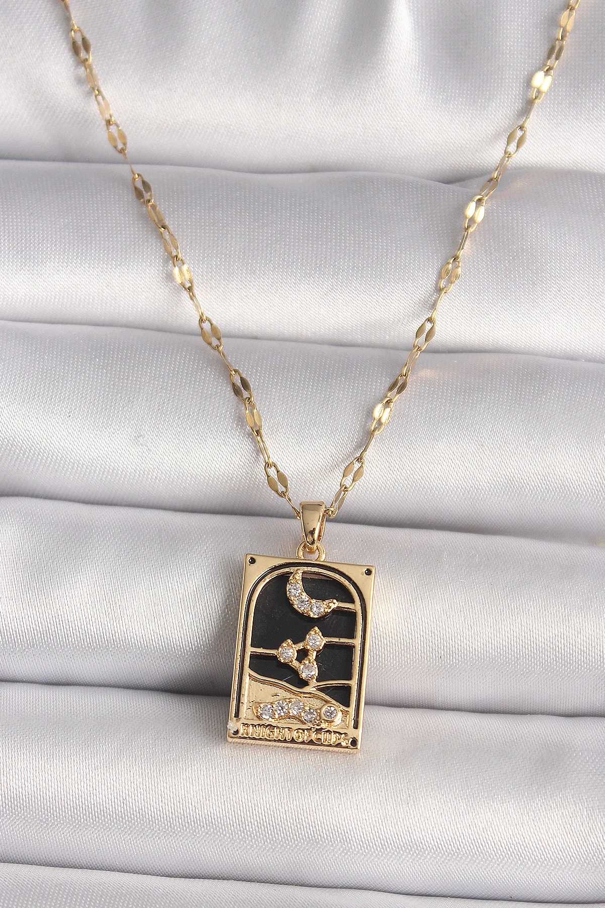 316L Çelik Gold Ay Figürlü Zirkon Taşlı Tarot Modeli Kadın Kolye 5886