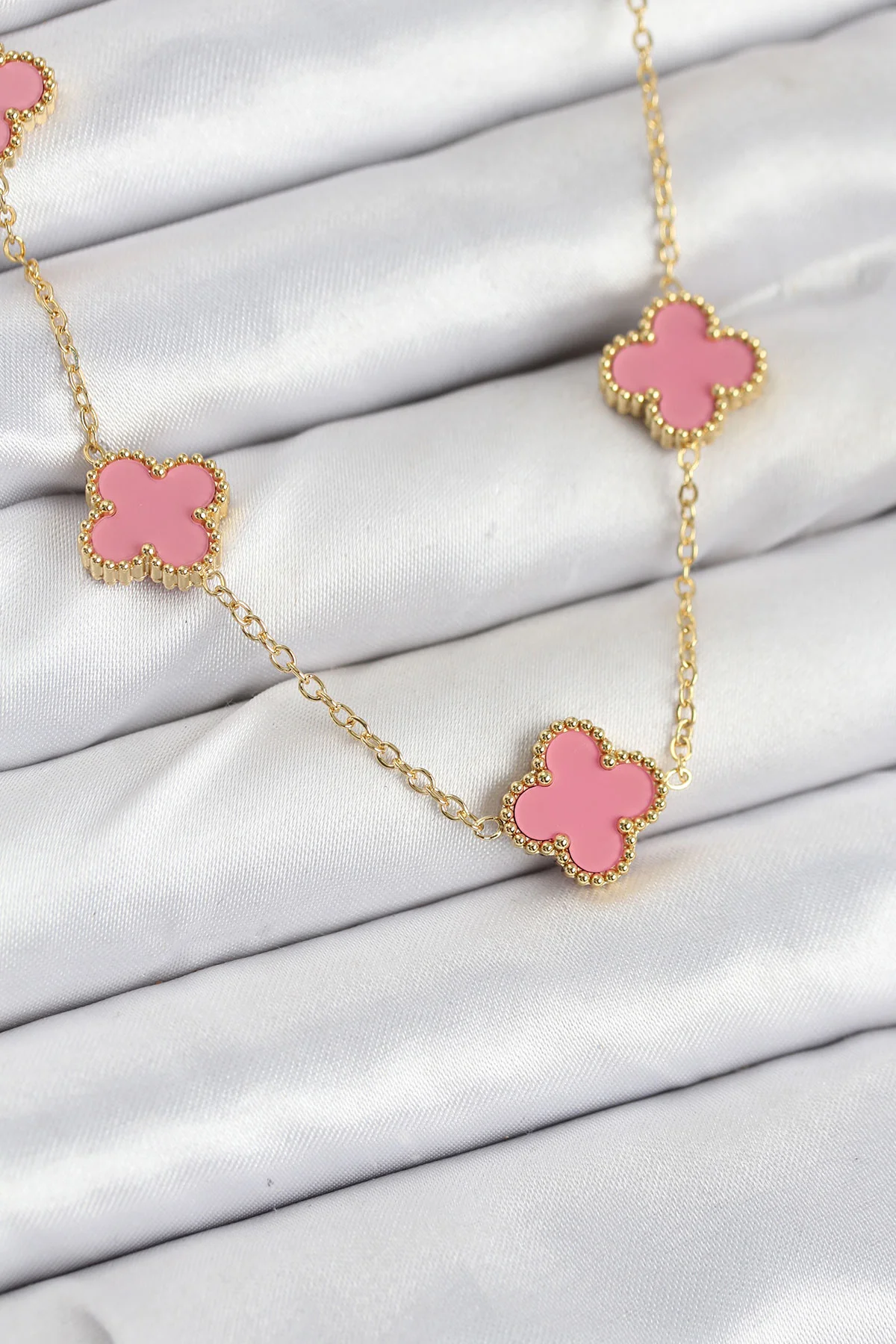 316L Çelik Gold Pembe Yonca Zincir Kadın Kolye 5886 - Paslanmaz ve Şık