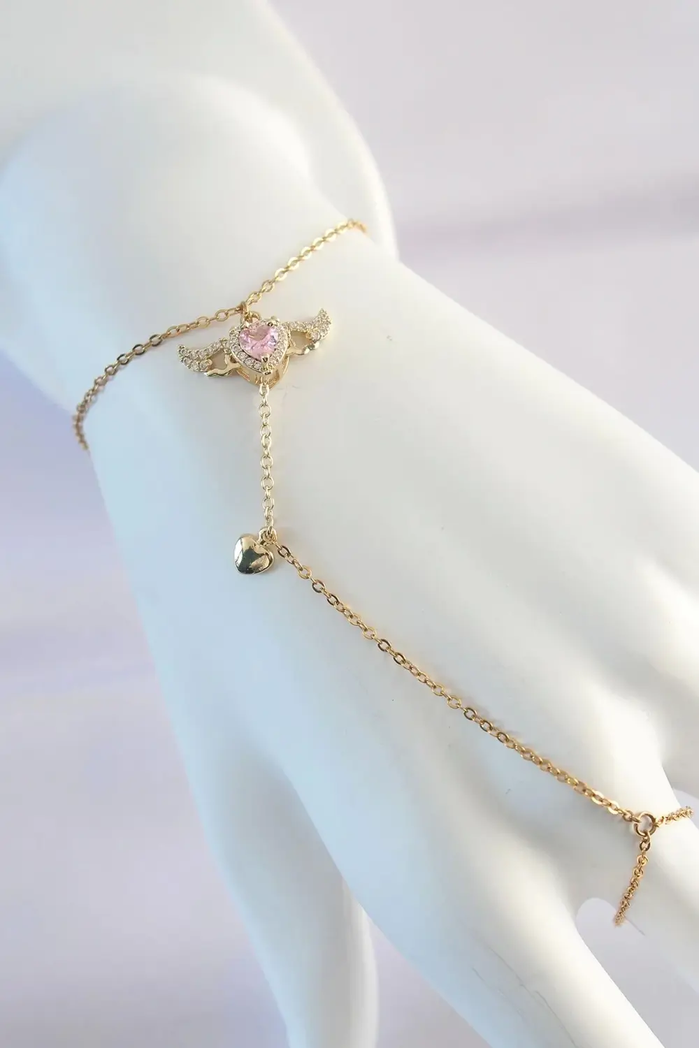 316L Çelik Gold Renk Pembe Zirkon Taşlı Kanatlı Kalp Model Şahmer