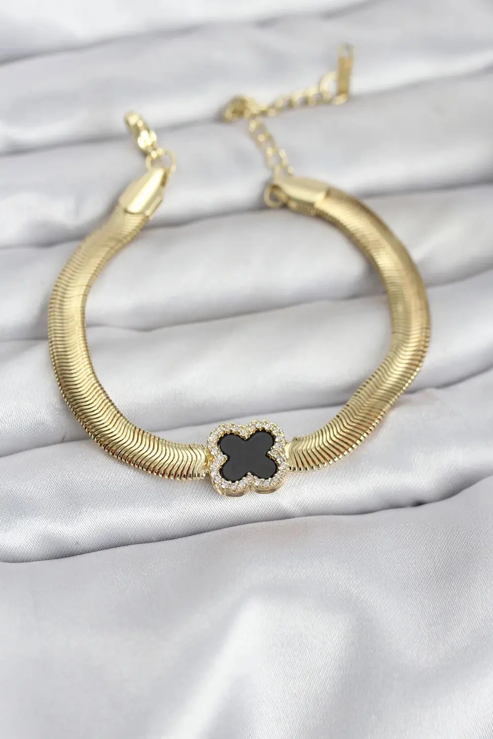316L Çelik Gold Renk Siyah Yonca Model Zirkon Taşlı Yılan Zincirl