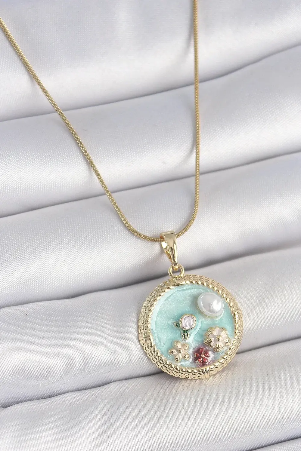 316L Çelik Gold Renk Zincir Mavi Mineli İnci Çiçek İşlemeli Zirko