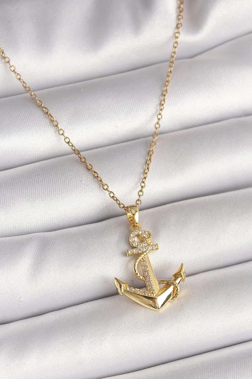 316L Çelik Gold Renk Zincir Zirkon Taş Detaylı Çapa Model Kadın K