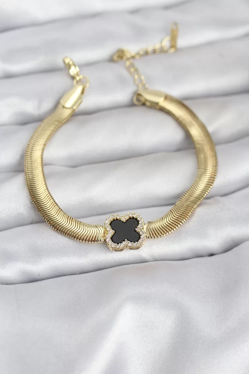 316L Çelik Gold Renk Siyah Yonca Model Zirkon Taşlı Yılan Zincirl
