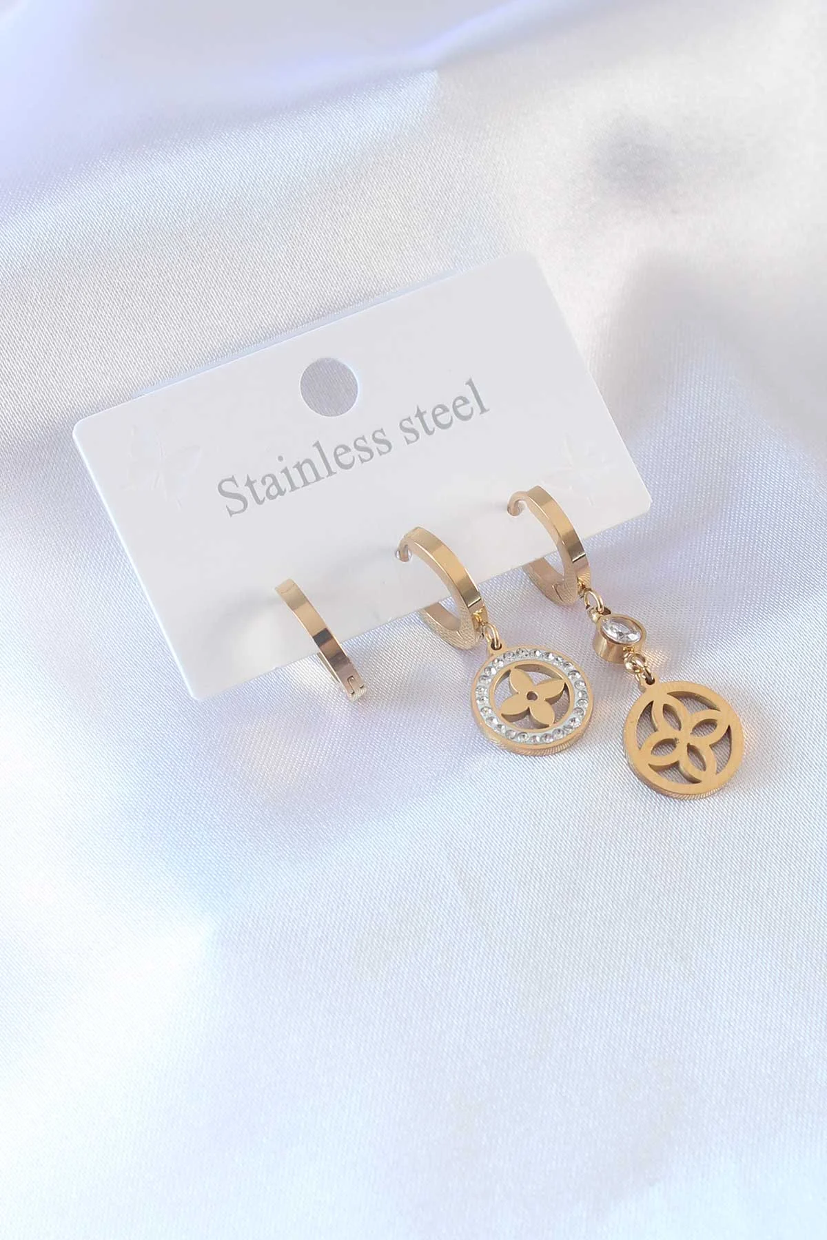 316L Çelik Gold Renk Çiçek Model Zirkon Taşlı Kadın Küpe -1492