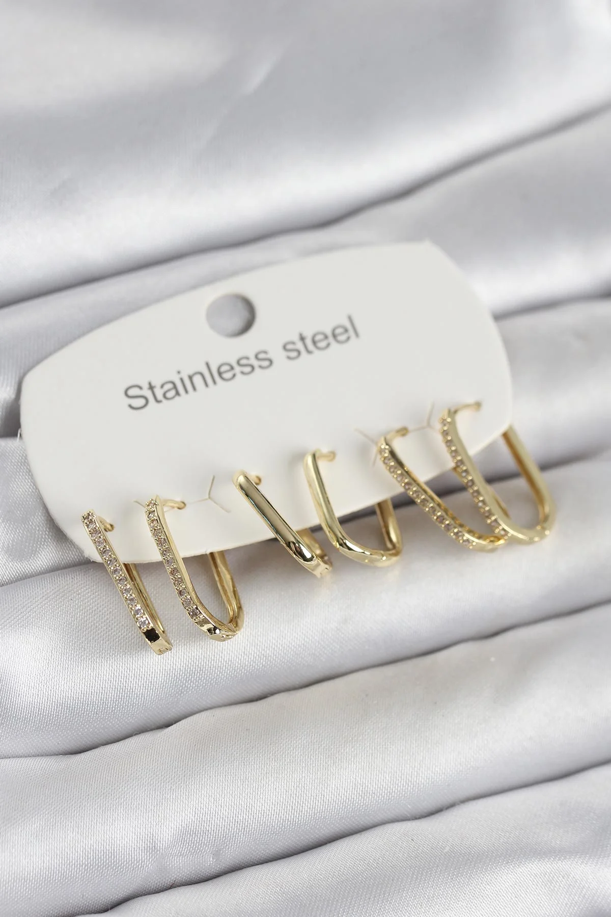 316L Çelik Gold Renk 6'lı Set Geometrik Model Kadın Küpe 5886 - Zirkonlu Klasik Abiye Takımı