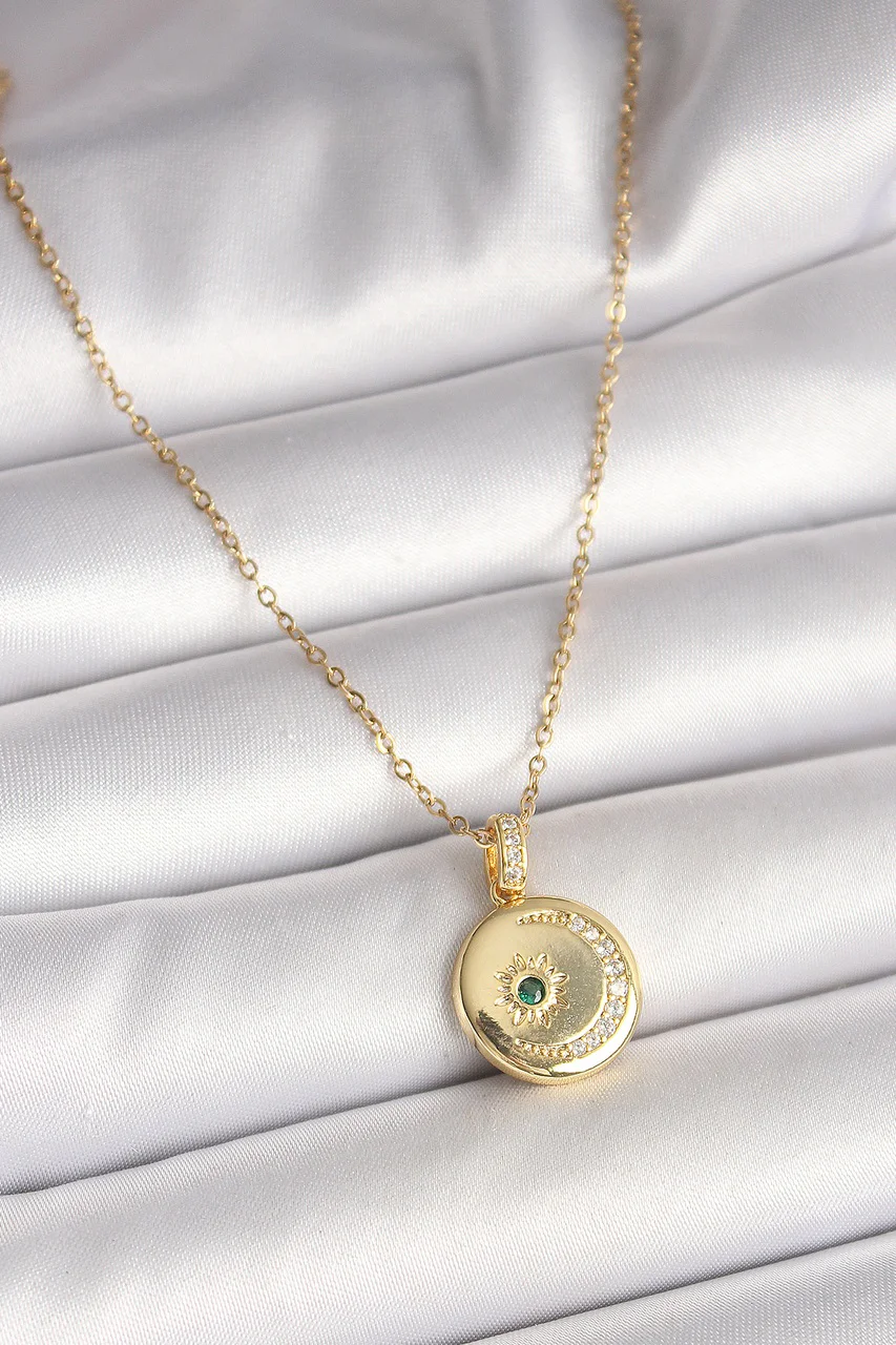 316l Çelik Gold Renk Zincir Zirkon Taş İşlemeli Hilal Yıldız İşlemeli Madalyon Model Kadın Kolye Tj-bko9952 Diğer