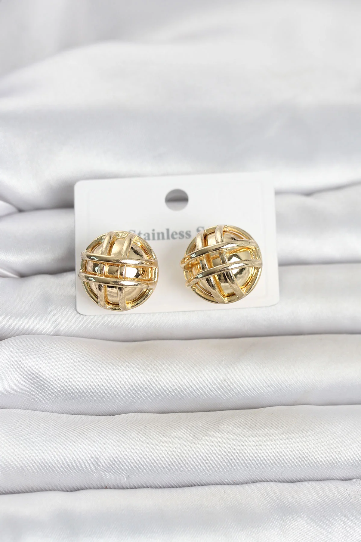 316L Çelik Gold Renk Desenli Top Model Kadın Küpe -1492