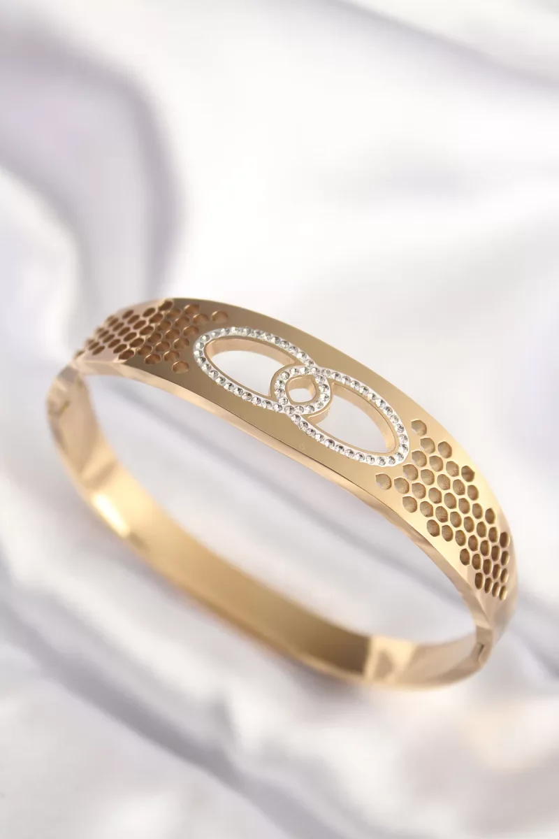 316L Çelik Gold Renk Zirkon Taşlı Kadın Kelepçe Bilezik - Lisinya