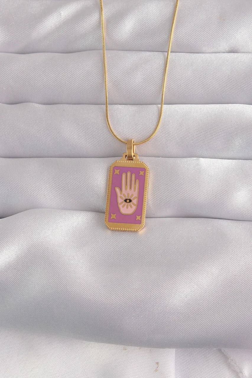 316l Çelik Gold Renk Mor Mineli El Figür Tarot Kolye Tj-bko9034 Diğer