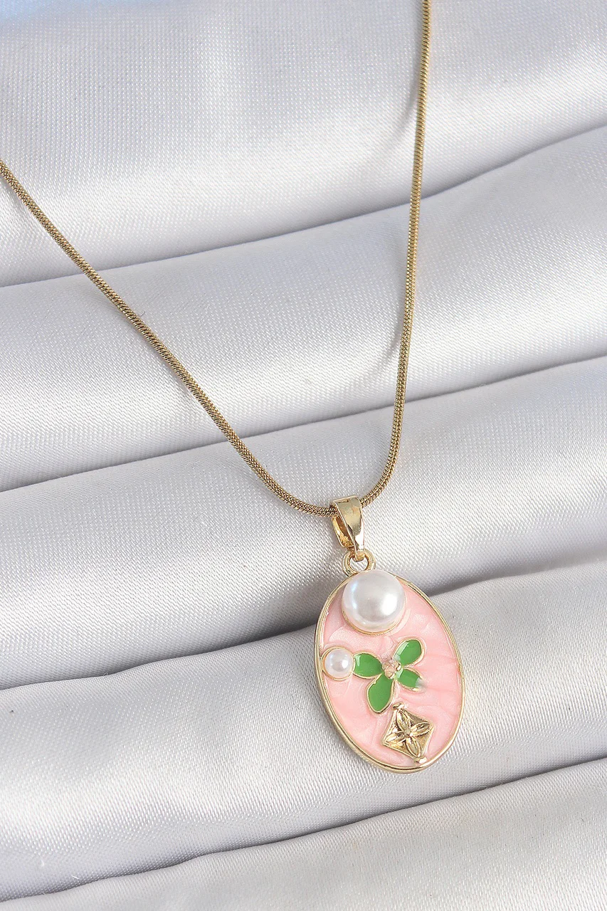 316l Çelik Gold Renk Zincir Pembe Mineli Oval İncili Çiçek İşlemeli Portre Model Kadın Kolye Tj-bko10176 Diğer