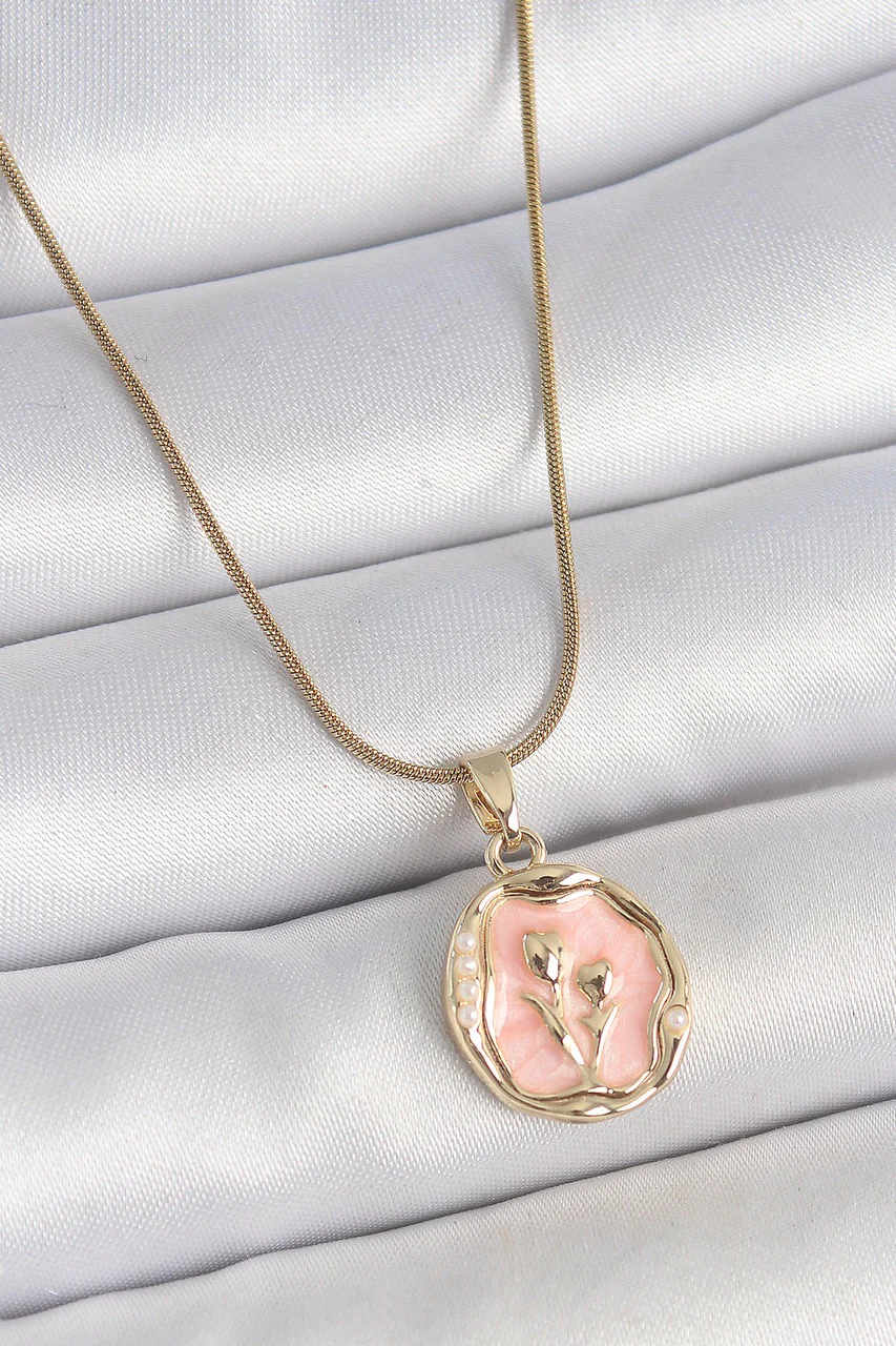 316l Çelik Gold Renk Zincir Pembe Mineli Çiçek İşlemeli Portre Model Kadın Kolye Tj-bko10165 Diğer