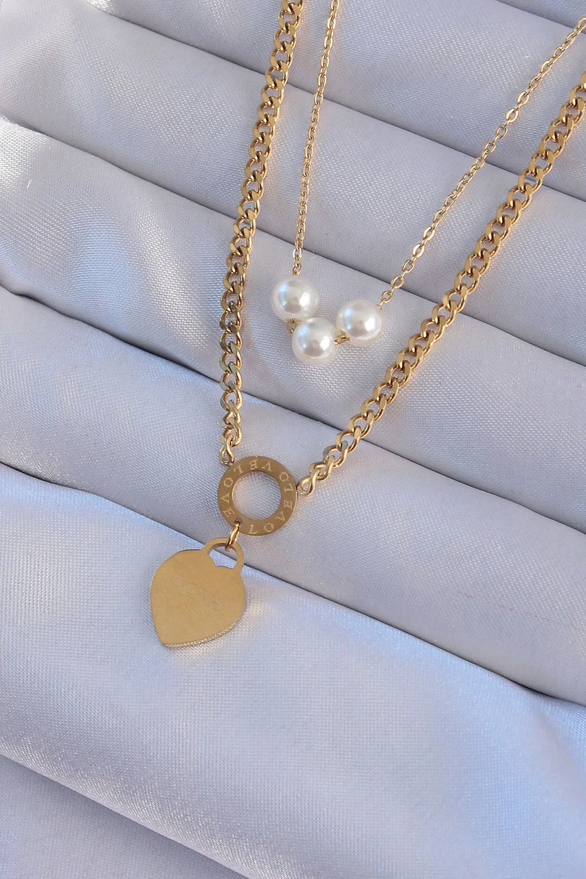 316l Çelik Gold Renk Çift Zincir İnci Detayı Love Kalp Kolye Tj-bko8939 Diğer