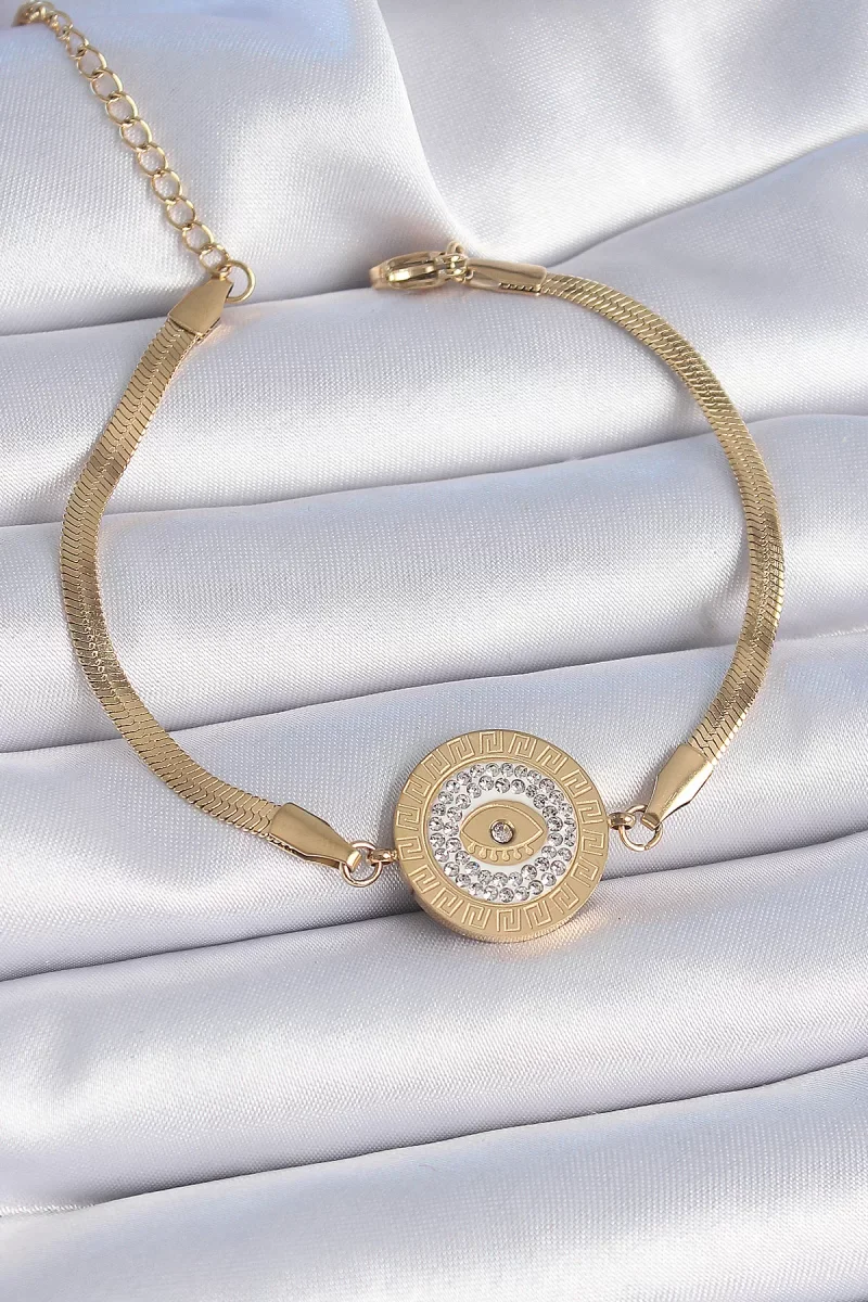 316L Çelik Gold Renk İtalyan Zincir Zirkon Taşlı Göz İşlemeli Madalyon Model Kadın Bileklik - Lisinya