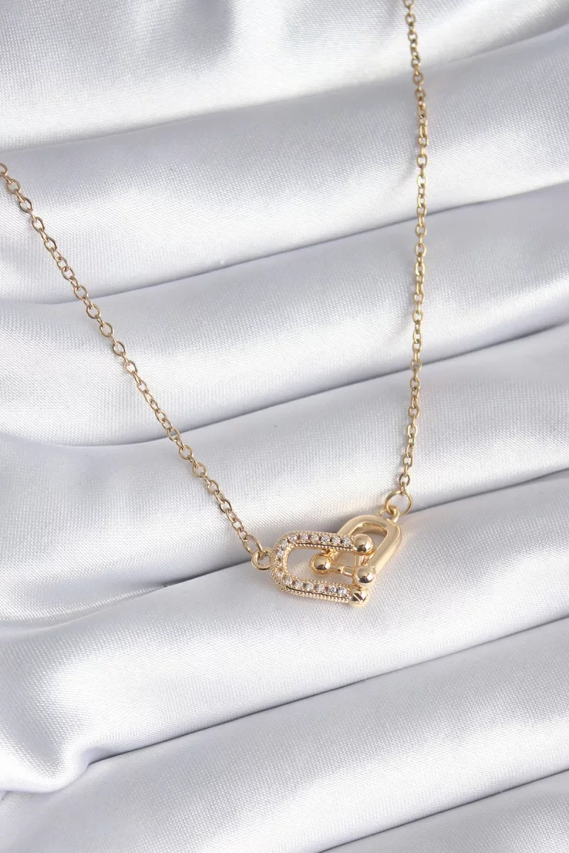 316L Çelik Gold Renk Zirkon Taşlı Model Kadın Kolye - Lisinya
