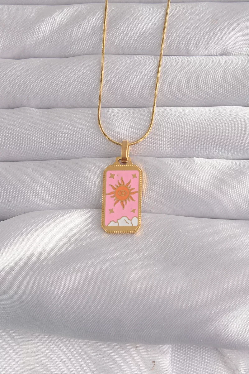 316L Çelik Gold Renk Pembe Mineli Güneş Model Tarot Kolye - Lisin
