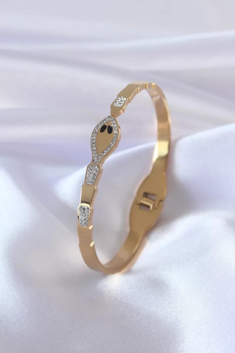 316L Çelik Gold Renk Yılan Model Zirkon Taş Detay Kadın Kelepçe -