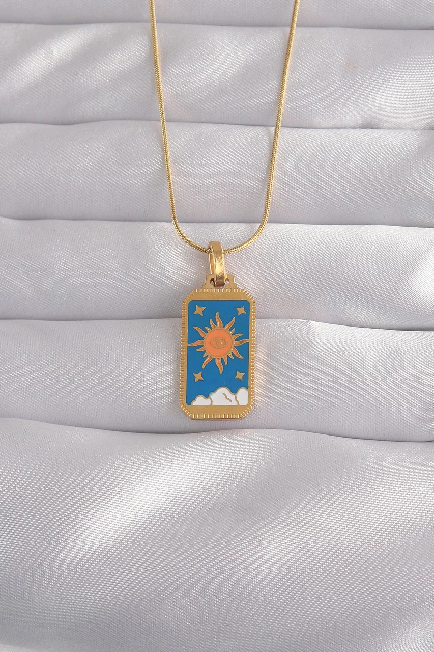 316l Çelik Gold Renk Mavi Mineli Güneş Model Tarot Kolye Tj-bko9026 Diğer