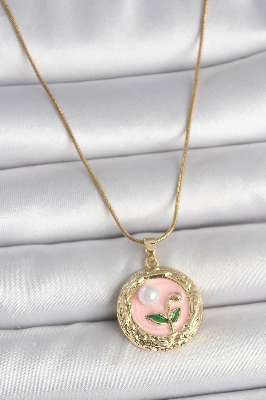 316l Çelik Gold Renk Zincir Pembe Çiçek İşlemeli İnci Detay Portre Model Kadın Kolye Tj-bko10079 Diğer