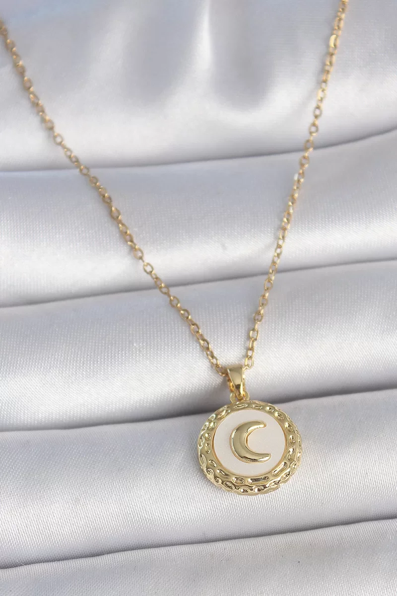 316L Çelik Gold Renk Zincir Beyaz Mineli Hilal İşlemeli Madalyon 
