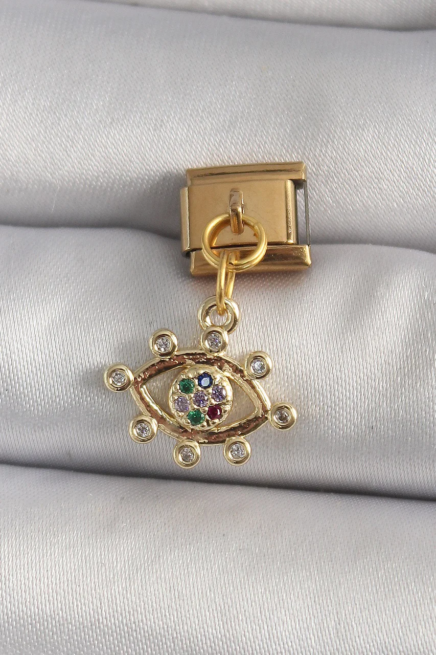 316l Çelik Gold Renk Sallantı Zirkon Taşlı Göz Model Nomination Charm - Lisinya Diğer