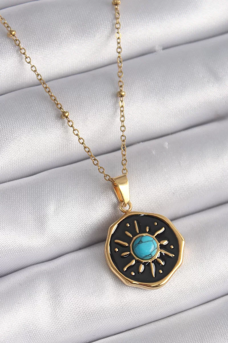 316L Çelik Gold Renk Mavi Boncuk Güneş İşleme Madalyon Model Kadı