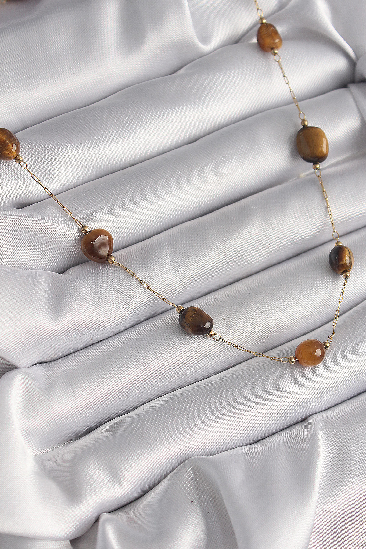 316L Çelik Gold Renk Zincir Kahvrengi Doğaltaş Model Kadın Kolye 