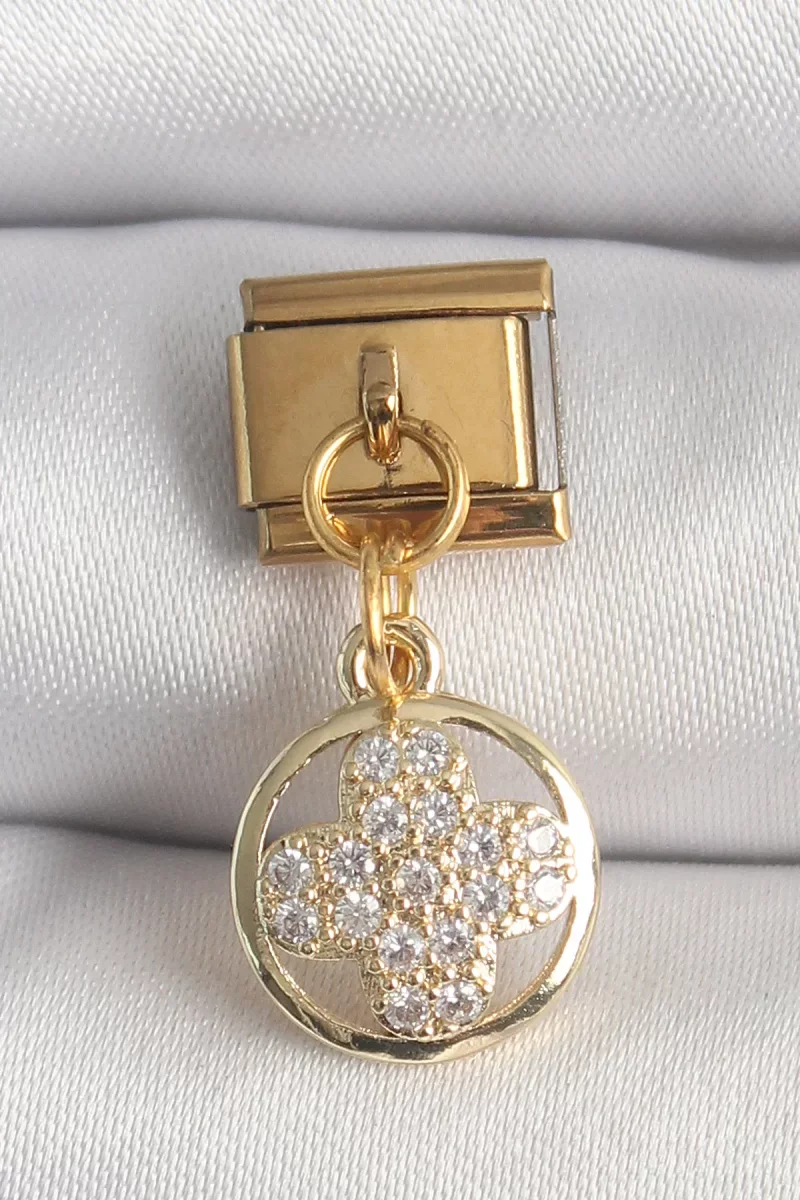 316L Çelik Gold Renk Sallantı Zirkon Taşlı Yonca Model Nomination
