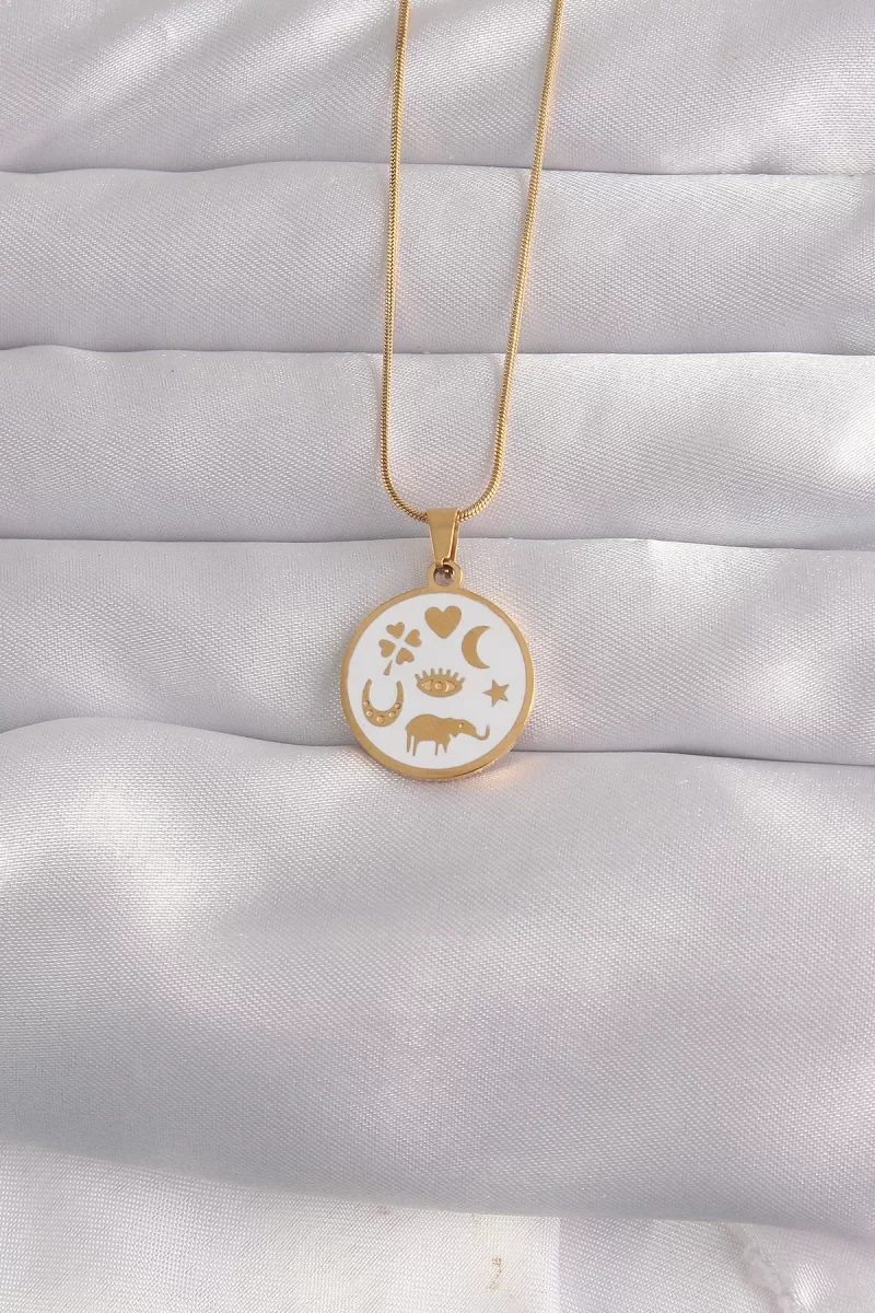 316L Çelik Gold Renk Beyaz Mineli Karışık Figürlü Tarot Kolye - L