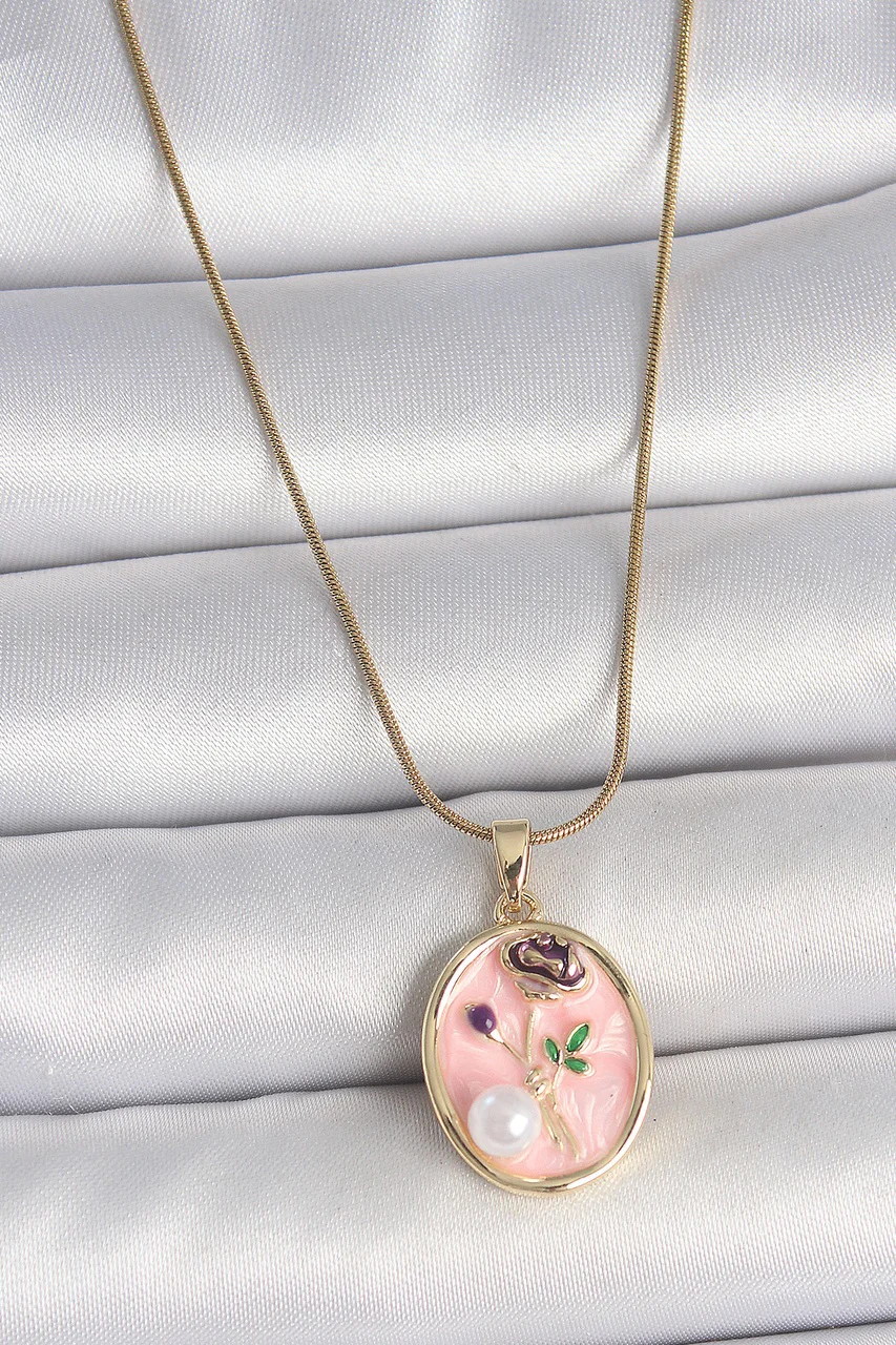 316l Çelik Gold Renk Zincir Pembe Çiçek İşlemeli İnci Detay Portre Model Kadın Kolye Tj-bko10077 Diğer