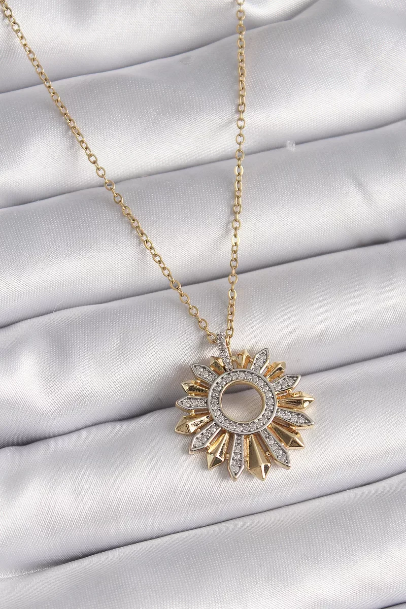 316L Çelik Gold Renk Zincir Zirkon Taşlı Mix Renk Güneş Model Kadın Kolye - Lisinya