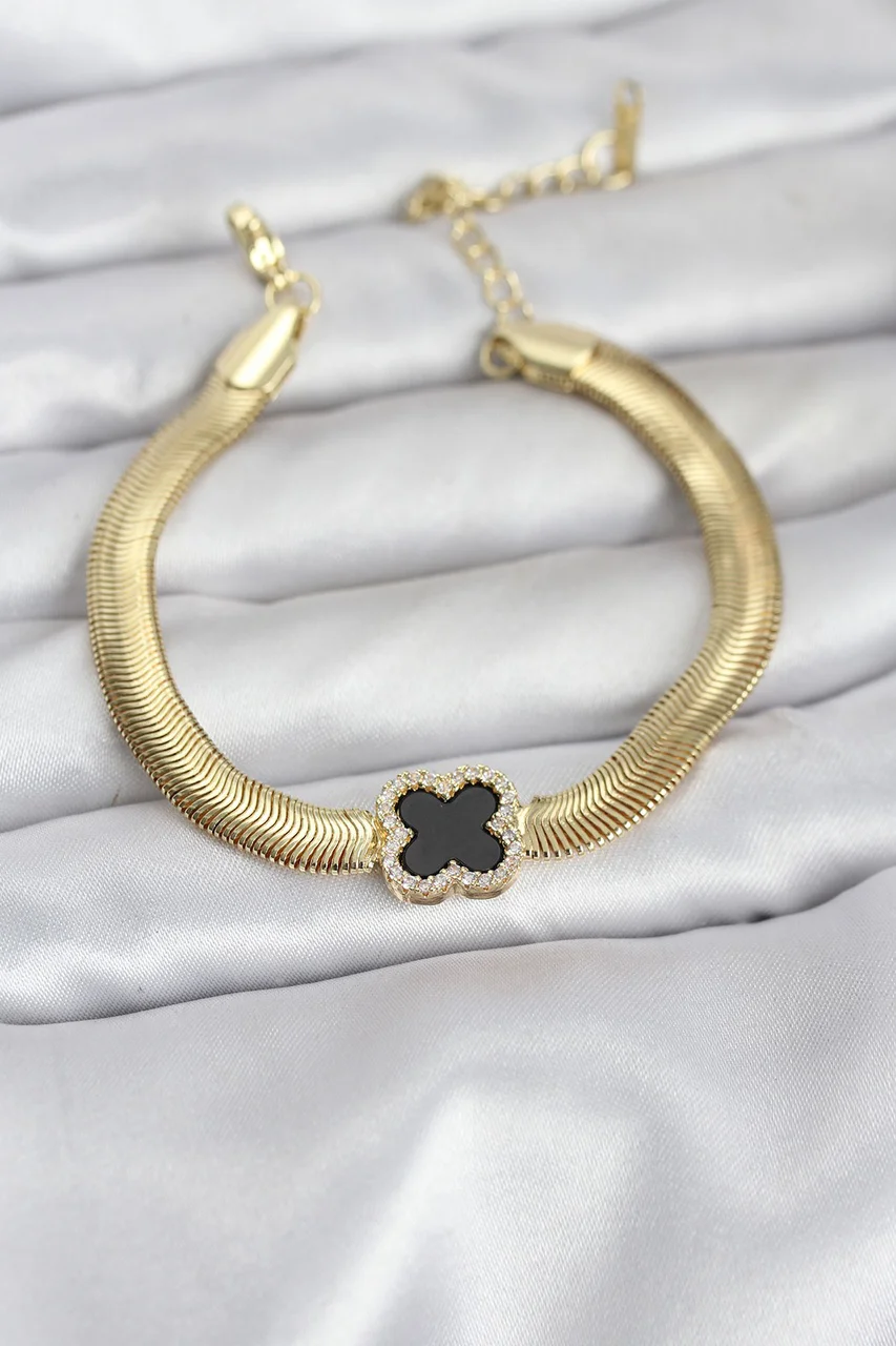 316l Çelik Gold Renk Siyah Yonca Model Zirkon Taşlı Yılan Zincirli Kadın Bileklik Tj-bb8156 Diğer