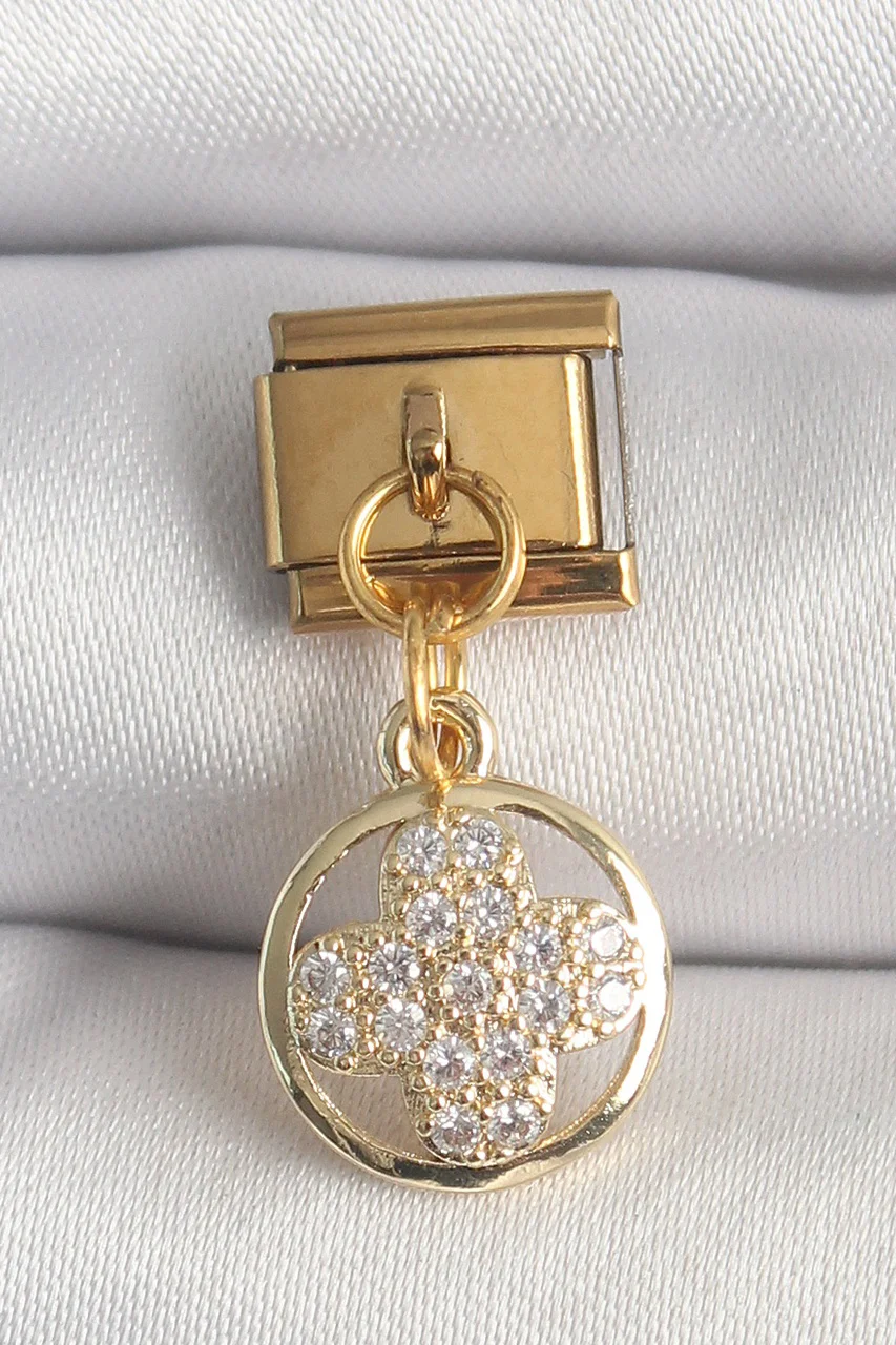 316l Çelik Gold Renk Sallantı Zirkon Taşlı Yonca Model Nomination Charm Tj-bc1340 Diğer