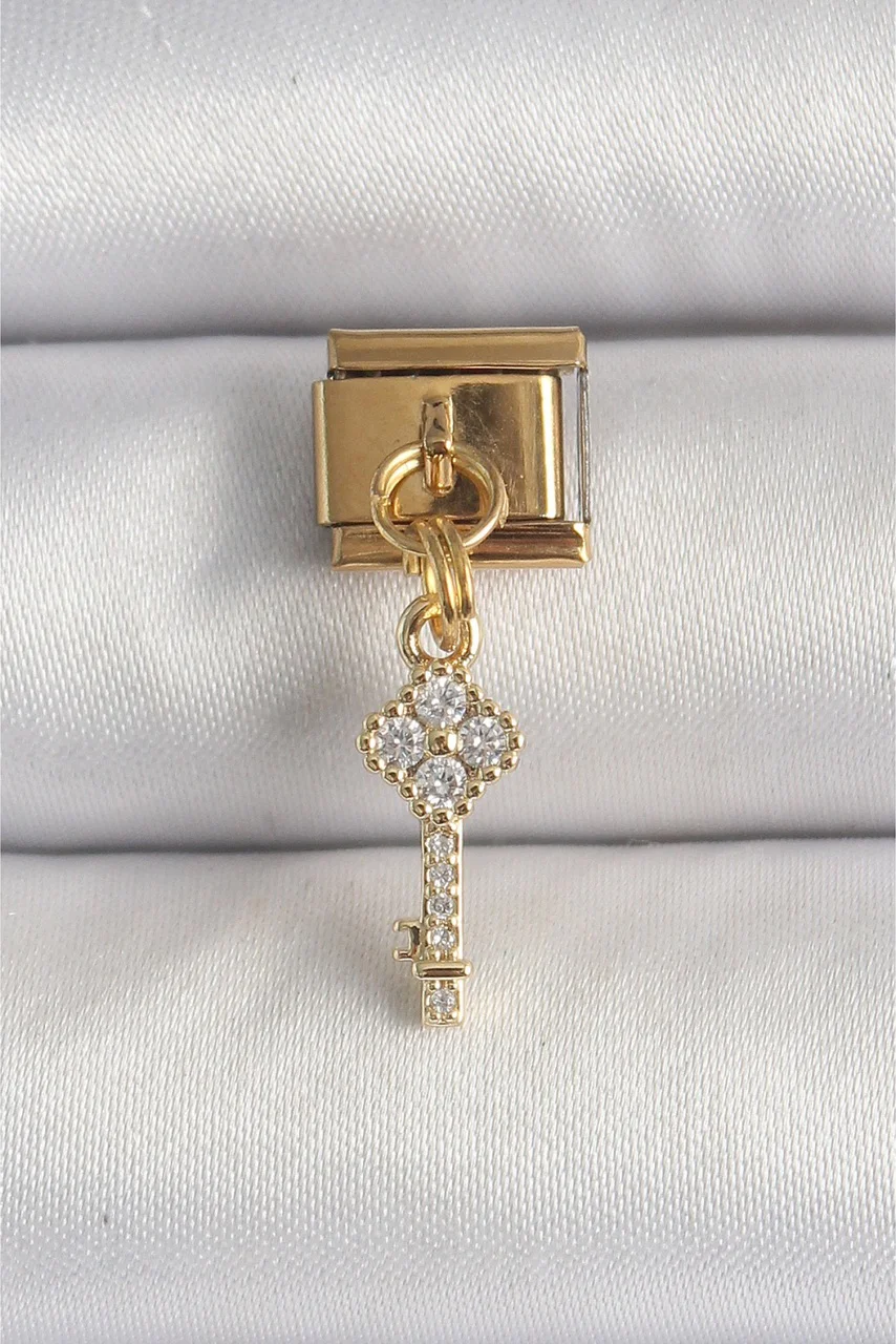 316l Çelik Gold Renk Sallantı Zirkon Taşlı Anahtar Model Nomination Charm Diğer