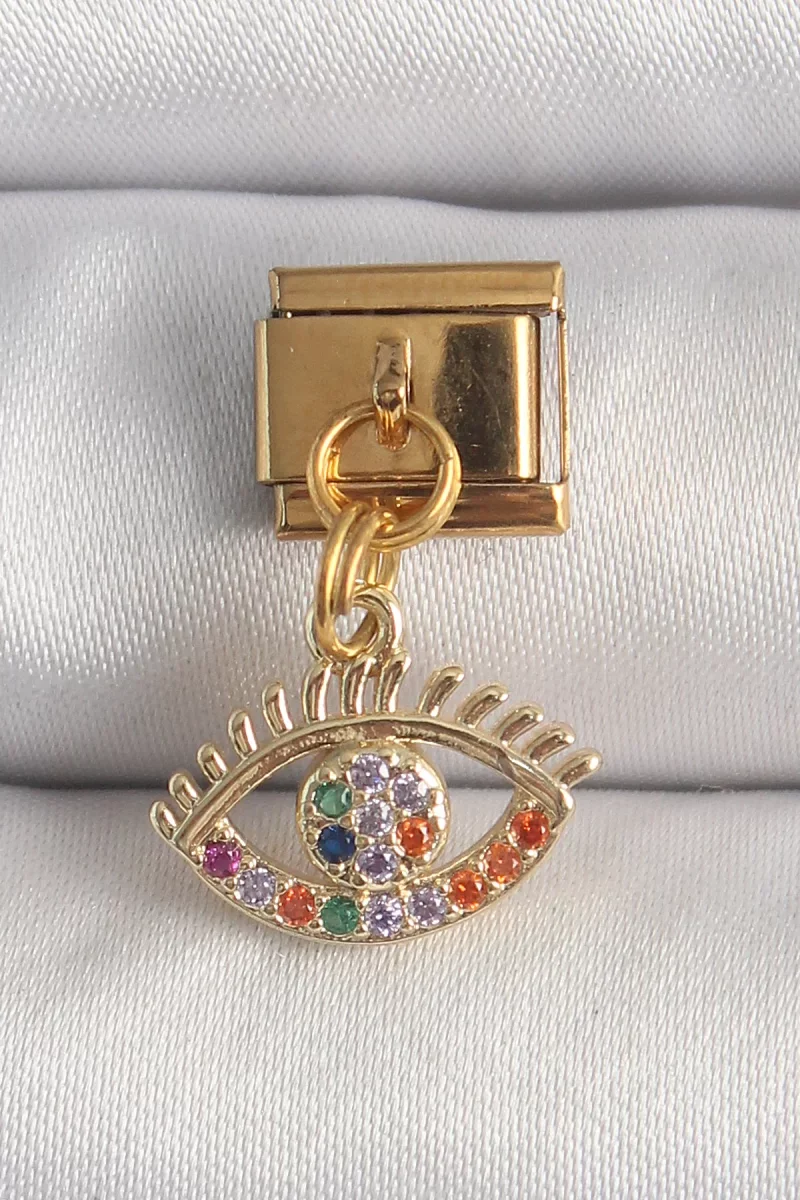 316L Çelik Gold Renk Sallantı Renkli Zirkon Taşlı Göz Model Nomin