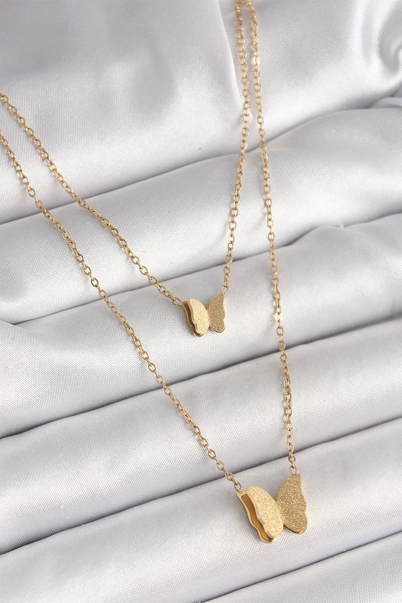 316L Çelik Gold Renk 2'Li Simli Kelebek Model Kadın Kolye - Lisin