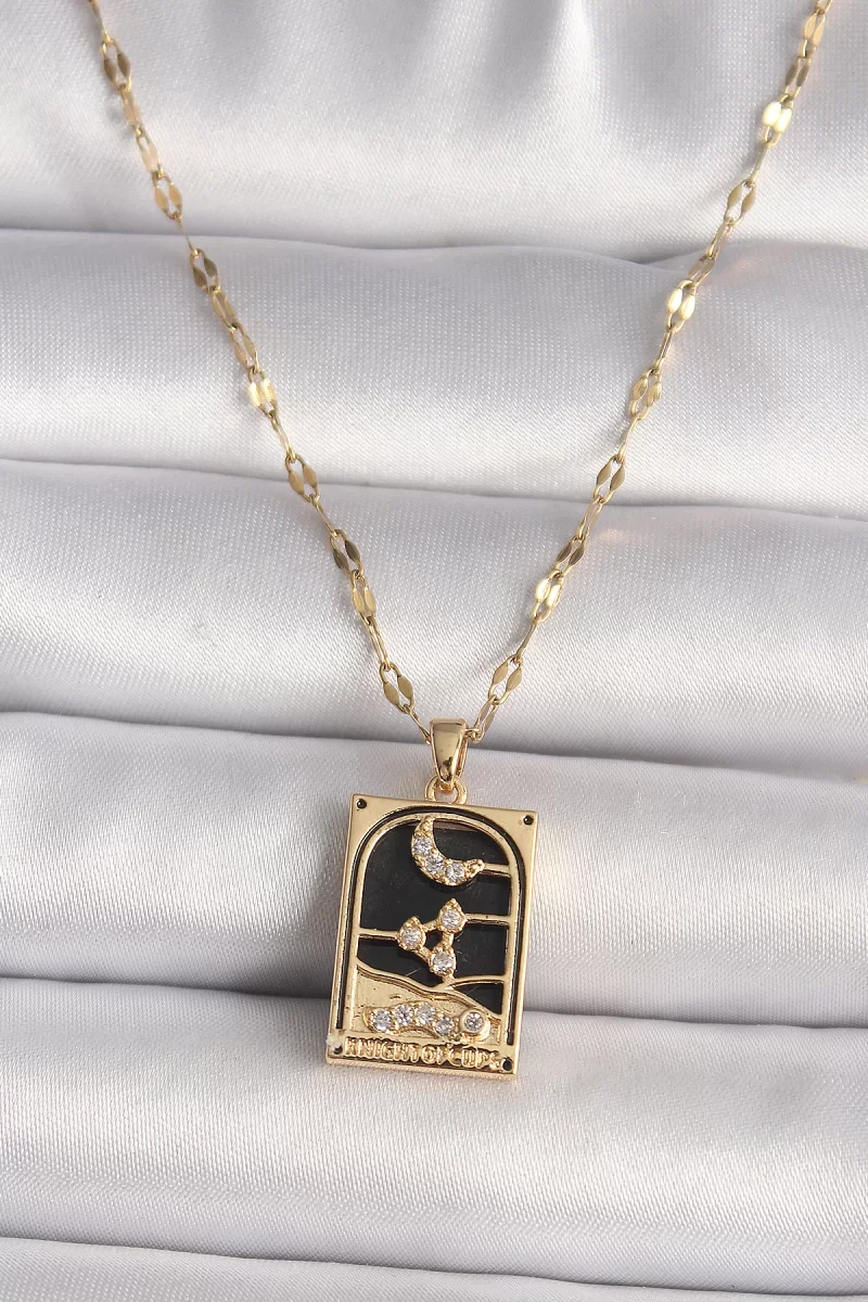 316L Çelik Gold Renk Zirkon Taşlı Ay Figürlü Tarot Model Kadın Kolye - Lisinya