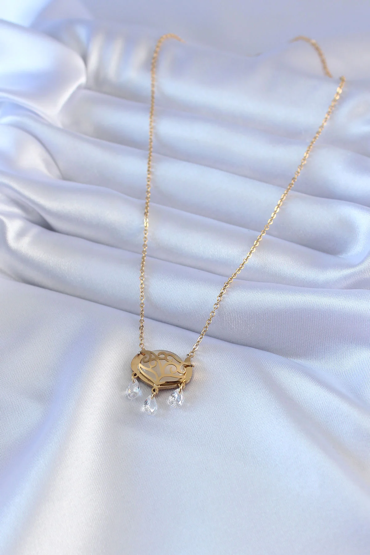 316L Çelik Gold Renk Lotus Model Zirkon Taşlı Kadın Kolye -1492