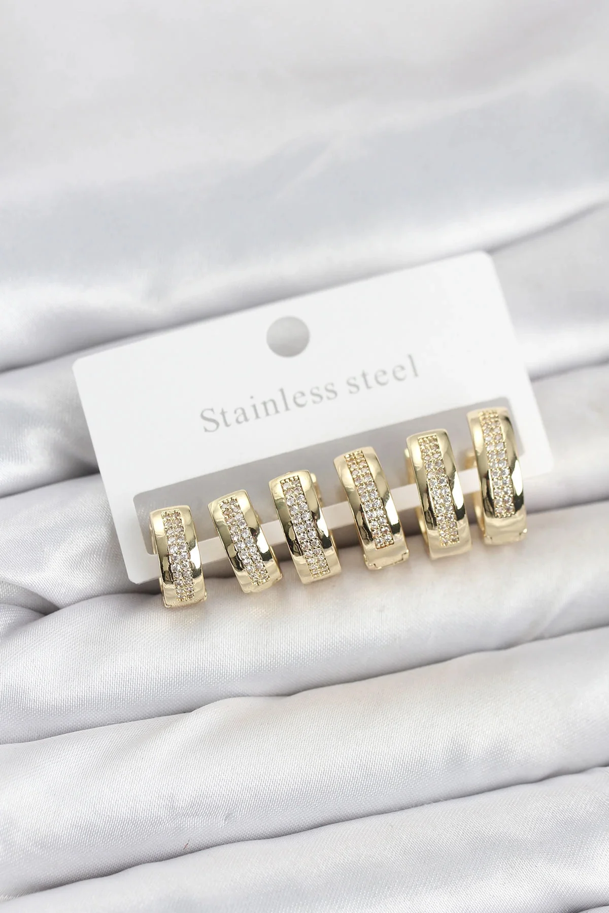 316L Çelik Gold Renk Zirkon Taşlı Halka Küpe Seti