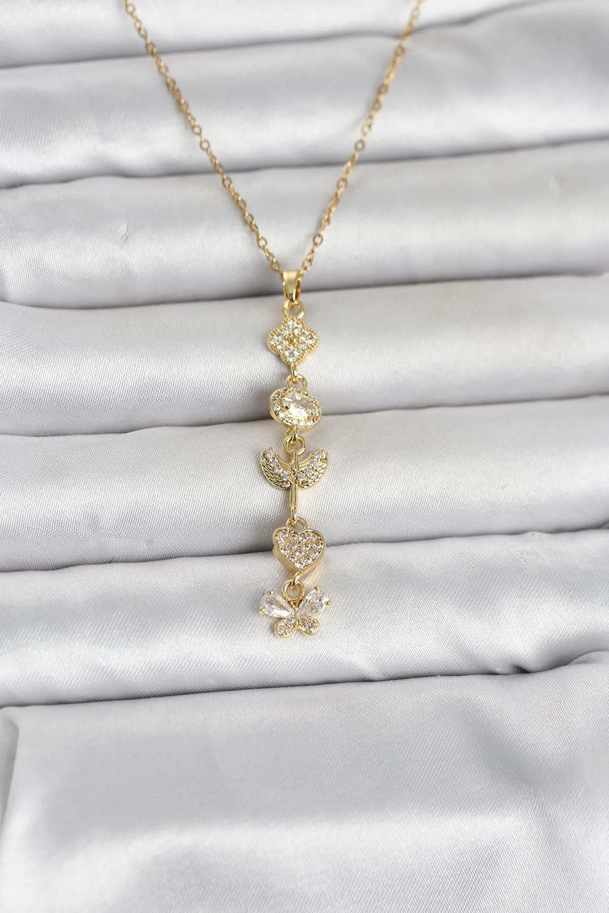 316L Çelik Gold Renk Şans Kolyesi Y Model Zirkon Taşlı Kadın Kolye 5886