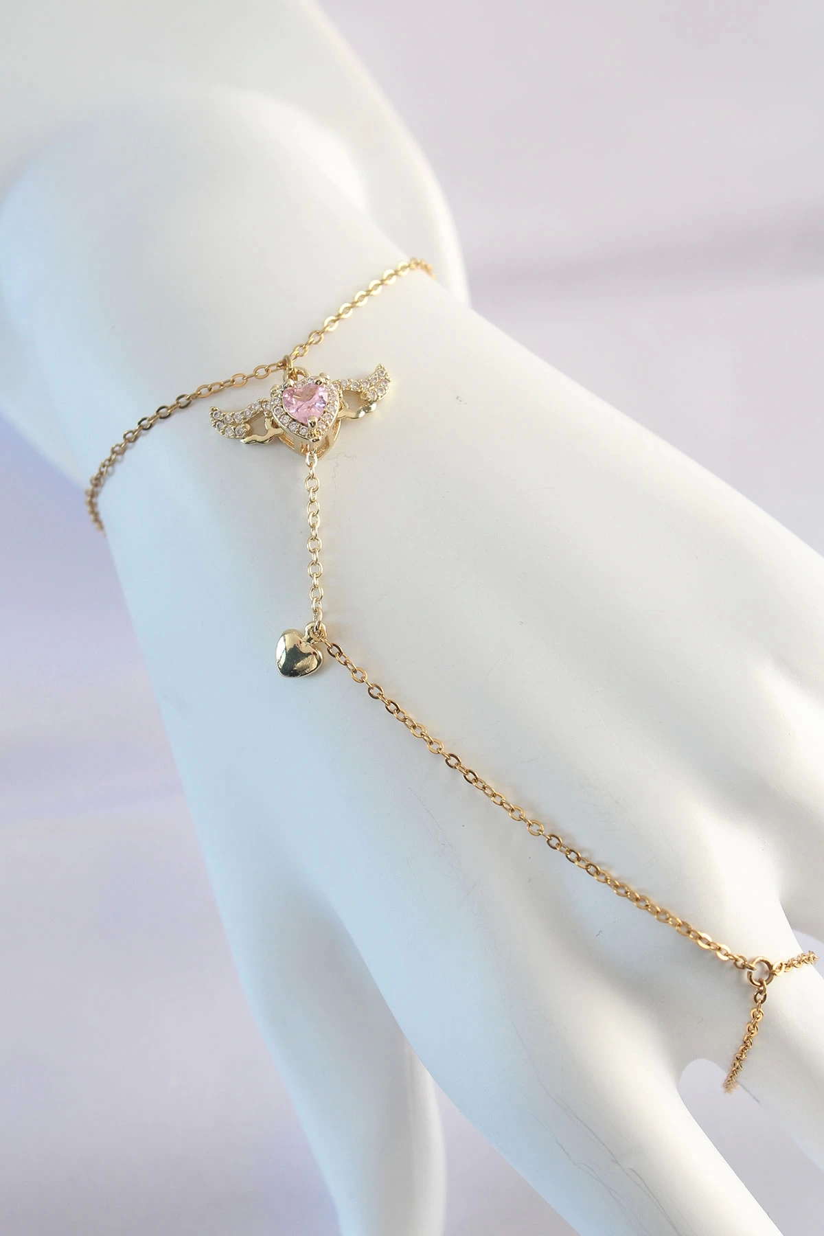 Clariss 316L Çelik Gold Renk Pembe Zirkon Taşli Kanatli Kalp Model Şahmer