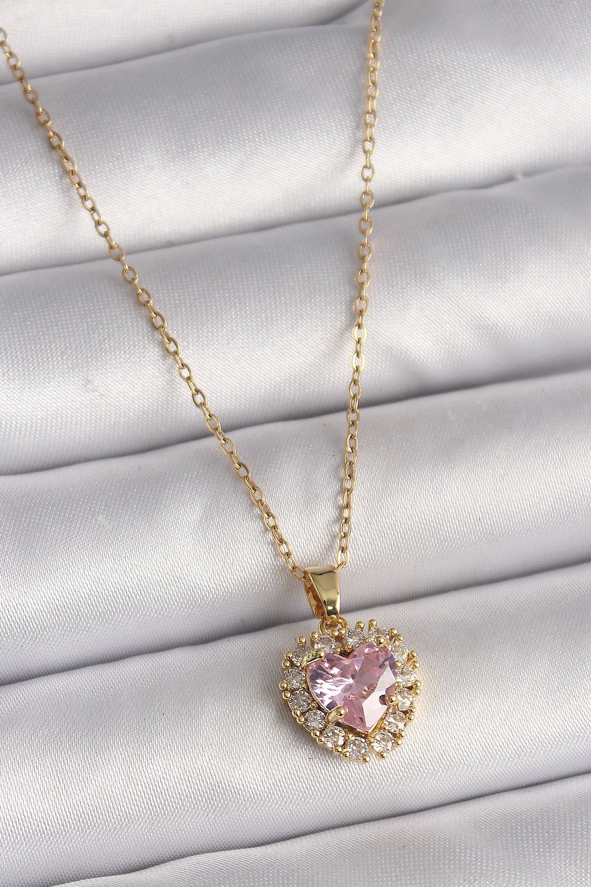 Butik 316L Çelik Gold Renk Zincir Pembe Zirkon Taşlı Kalp Model Kadın K