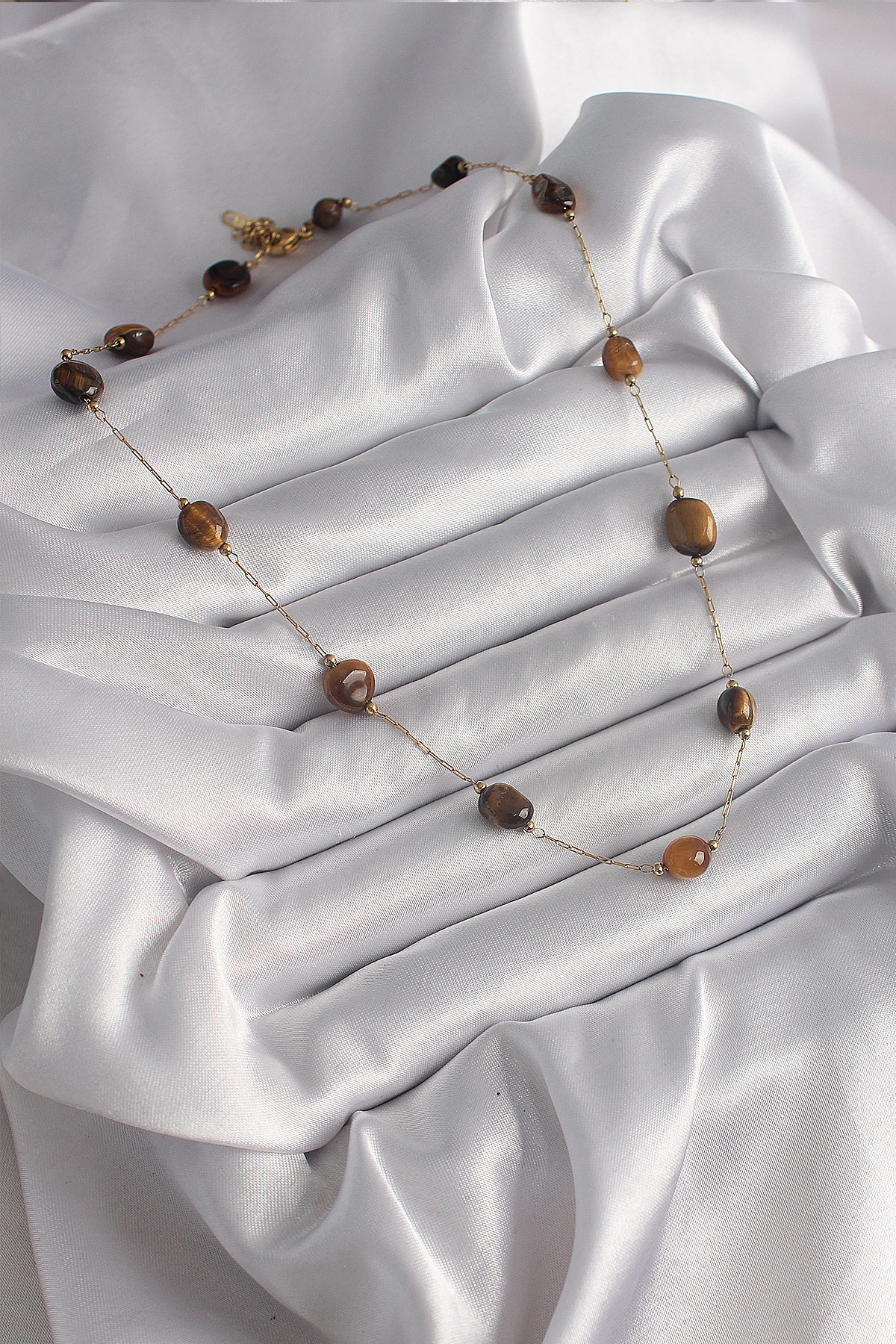 316L Çelik Gold Renk Zincir Kahvrengi Doğaltaş Model Kadın Kolye 