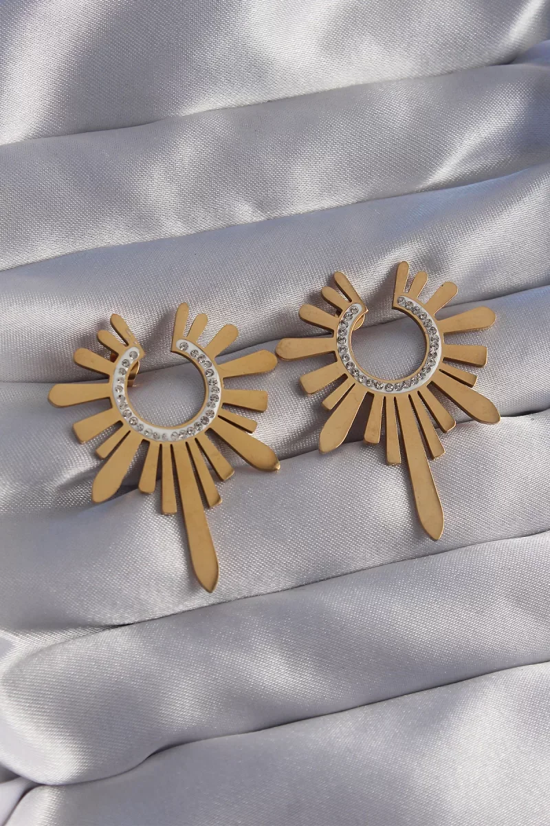 316L Çelik Gold Renk Zirkon Taşlı Güneş Figürlü Küpe - Lisinya